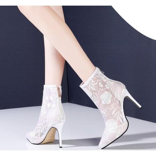Womens Ankle Boots Embroidery Floral Mesh Stilettos High Heel Summer Shoes Lace Side Zipper White New 2021