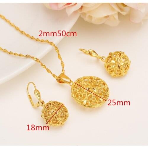 ROUND BALL HOLLOW OUT PENDANT CHAIN EARRINGS SETS JEWELRY 9 K REAL YELLOW FINE SURFACE G/F GOLD BEAD NECKLACES WOMEN