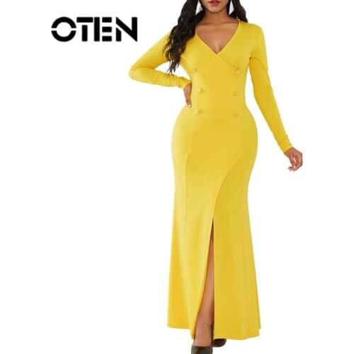 OTEN 2019 Evening Party Women Dresses Autumn Split Sexy Long Sleeves Bodycon Button Solid Color Formal V-Neck Slim Black Female
