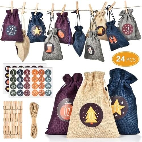 24pcs Christmas Advent Calendar Hanging Drawstring Candy Bags with Letter Sticker+Wooden Clips+Jute Hemp Rope Christmas Decor