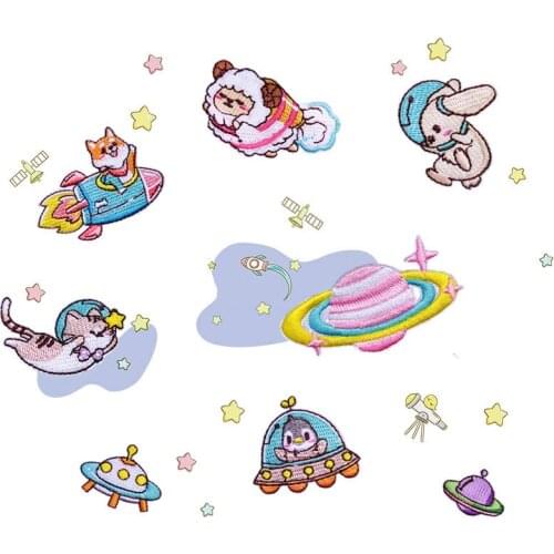 50pcs/lot Embroidery Patch Sticker Cosmic Star Flying Saucer Cat Dog Sheep Penguin Clothing Decoration Diy Iron Applique