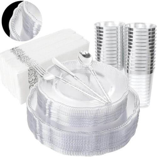 85 pieces of disposable party tableware transparent golden plastic tray set wedding party holiday event decoration