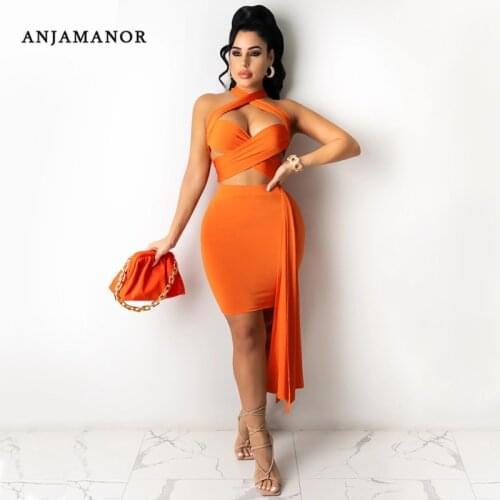 ANJAMANOR Sexy Two Piece Short Set Club Outfits for Women Summer 2021 Cross Wrap Halter Top Mini Skirt Bandage Dress D42-CF26