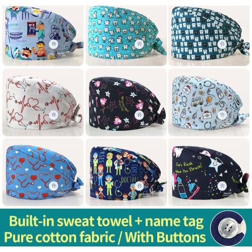 Elastic Adjustable Nurse Scrubs hats Unisex cartoon tooth Printing scrubs caps tooth clinic work Hats cotton Pet club scrubs hat