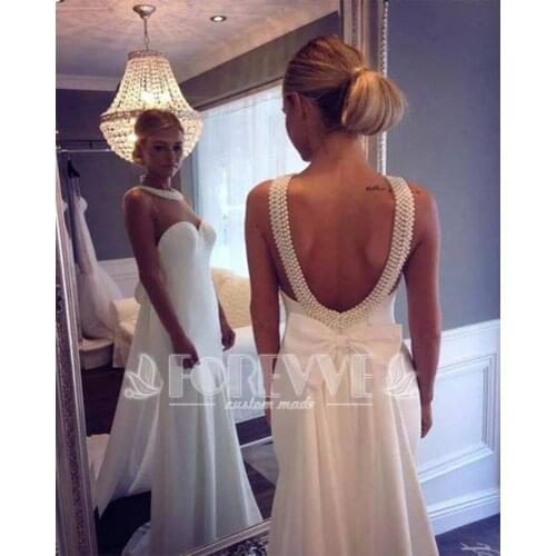 Elegant Beaded Plears Evening Dress Long Abendkleider 2019 Sexy Backless Watteau Train Formal Dress Party Dresses Evening Gown