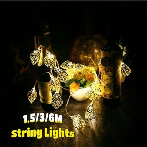1.5/3/6M String Lights for Bedroom 10/20/40LED Wrought Iron Hollow Gold Leaf String Lights Home Room Decor Lights Night Lights
