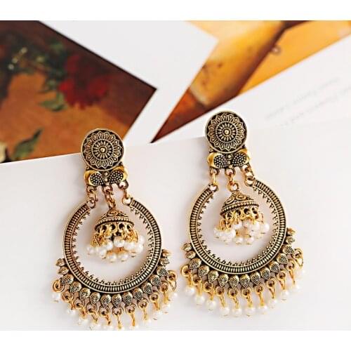 Indian Jhumka White Bells Tassel Earrings For Women Girls Boho Ethnic Gold Round Metal Birdcage Drop Dangle Earrings Brincos