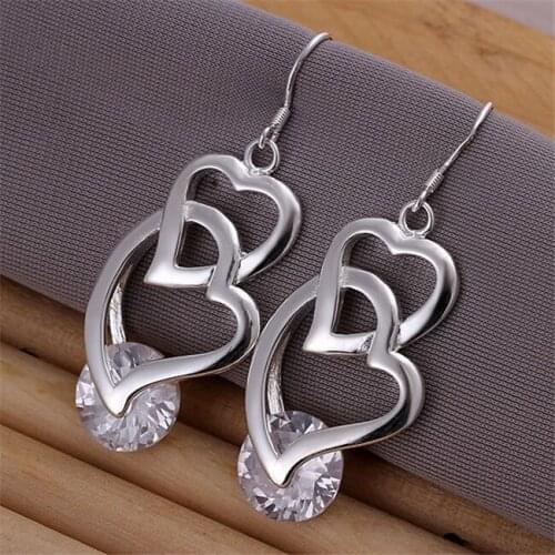 ESE174 Popular Silver Color Earrings For Women 925 Jewelry Christmas Fashion Jewelry Inlaid Double Heart Earrings E174 /bajajrqa