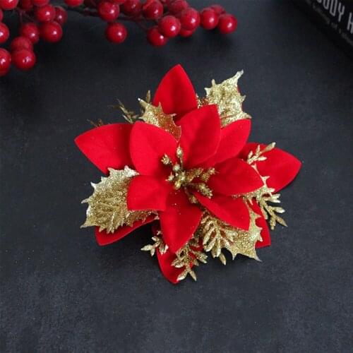 Simulation Plant Glitter Merry Christmas Decorations Beautiful Red For Home 2021 Xmas Tree Ornaments Artificial Plastic Flowers