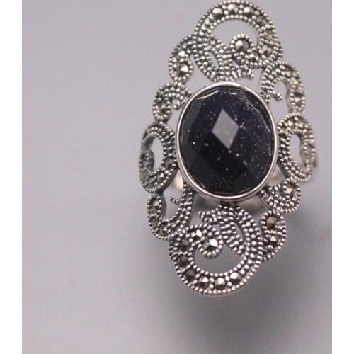 S925 Sterling Silver Ring Blue Sandstone Diamond-cut Flower Ring US7 34mmW Fine Jewelry