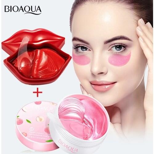 Collagen 60Pcs Eye Patches and 20pcs Cherry Hydrating Serum Lip Mask Anti-Drying Moisturizing Lightening Nourishing Skin Care