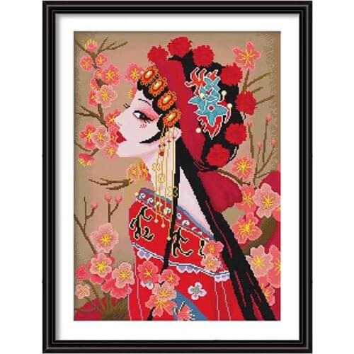 Beautiful Women Chinese Peking Traditional Opera Girl Flower Blossom Stamped Cross Stitch Kit Embroidery needlework set