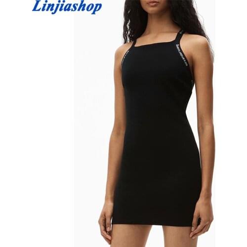 European and American style summer black dress letter print cross-belt vest halter tight-fitting mini dress