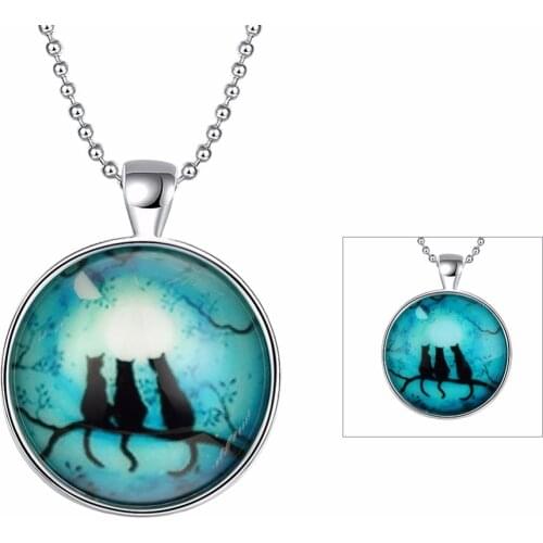 Fashion sterling silver chain luminous series three cat fluorescent round pendant ladies noble jewelry personalized necklace