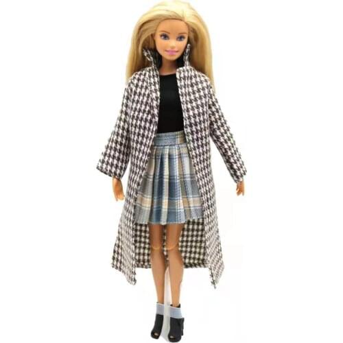 Fashion 11.5" Doll Outfits for Barbie Clothes Dark Brown Winter Jacket Houndstooth Plaid Parka Long Coat 1/6 BJD Accessories Toy