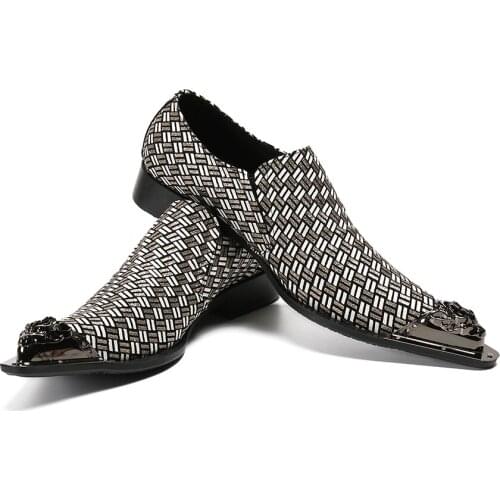 Christia Bella Fashion Wedding Real Leather Formal Shoes Men Metal Pointed Toe Business Dress Shoes Slip on Party Leather Shoes