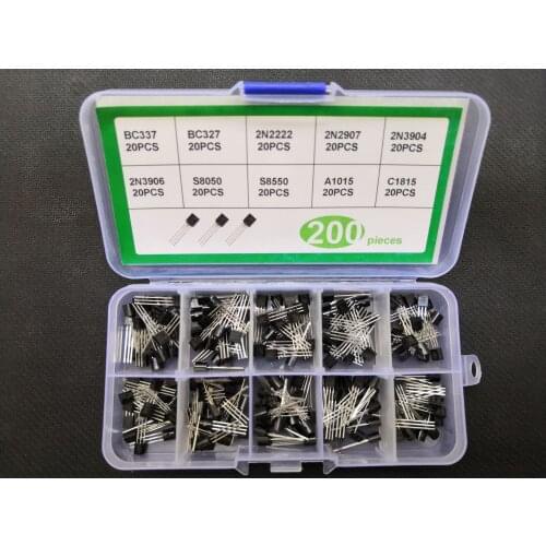 200pcs Transistor kit box 10values*20pcs 2N2222/2N2907/2N3904/2N3906/S8050/S8550/A1015/C1815/BC337/BC327 to-92 set Assortment