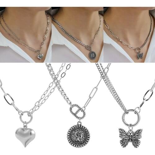 New 3 Style Vintage Steel Necklace Butterfly Heart Queen Pendant Choker Silver Color Titanium Stainless Steel Chain Necklace