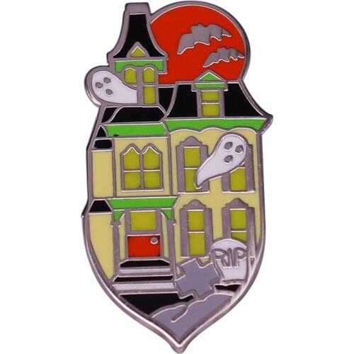 Haunted House Pin (Glows in the Dark) Spooky Ghosts & Ghouls Brooch Rip Tombstone Badge Halloween Spirit Decor