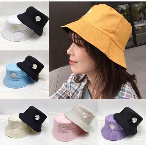 Spring Women Bucket Outdoor Fishing Hats Sunscreen Sun Cap Little Daisies Embroidery Double-sided Wear Spring Lady Fisherman Hat