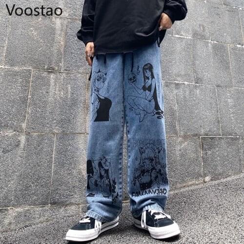 Vintage Harajuku Jeans Womens Mens Streetwear Denim Pants Cartoon Anime Print Trousers Fashion Man Loose Punk Wide Leg Pants