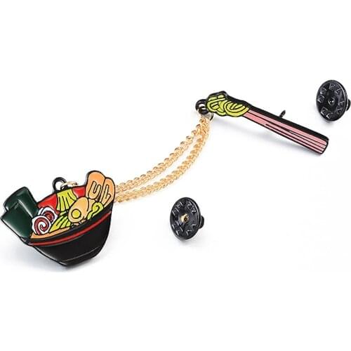 Japanese Ramen Chopsticks Pin Cartoon Metal Enamel Brooch Cute Noodle Soup Bowl Food Chain Pins Badge Fashion Kids Women Jewelry