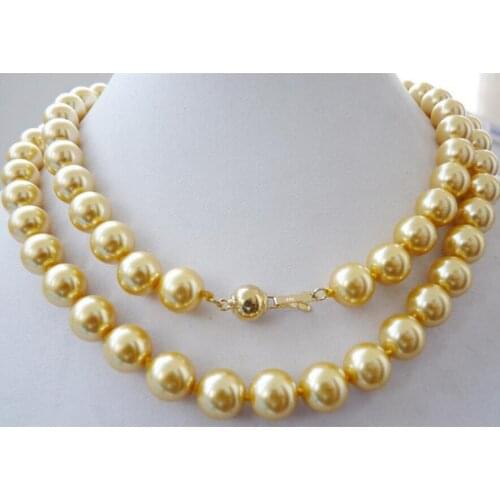 Jewelry 10mm yellow South sea shell pearl necklace 32" 14K gold AAA
