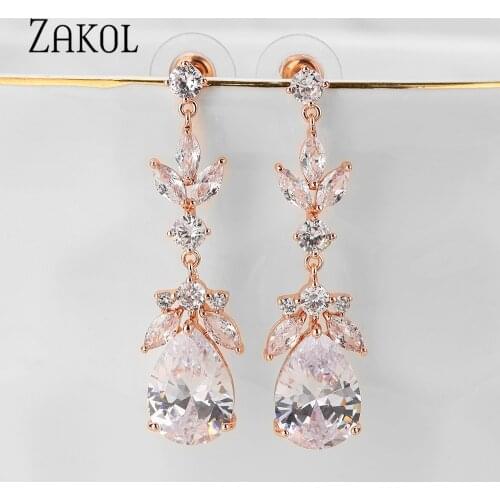 ZAKOL Classic Leaf Water Drop Shape AAA Cubic Zirconia Earrings for Women CZ Wedding Party Bridal Dangle Earring FSEP5063