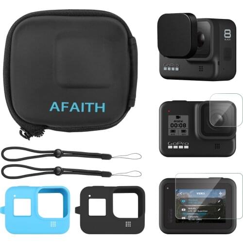 Protective Mini Camera Case + 2PCS Silicone Protective Cover Case + Lens Cover Cap + Lens Protector Film Kit for GoPro Hero 8