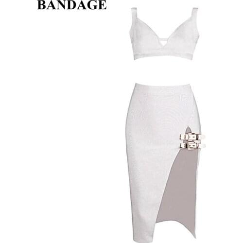 New Arrival Slash Neck 2 Two Sets Sexy Sleeveless Short Mini Bandage Dress Split Sexy Women Sets Celebrity Party Club Clothes