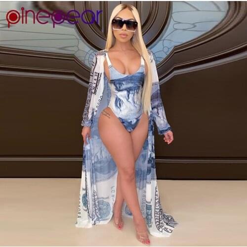 PinePear Summer Fashion Design Women Two Piece Outfits Money Print Full Sleeve Long Coats 2 Pieces Bodysuits Beach Set Wholesale