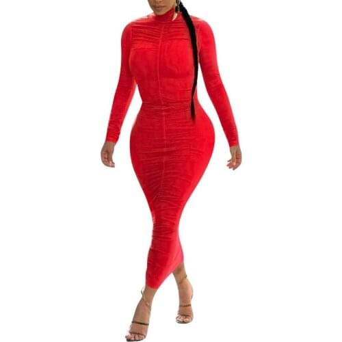 Elegant Turtleneck Ruched Women Dress 2020 Autumn Winter Sexy Long Seeve Bodycon Red Christmas Club Party Long Dress Women Robe