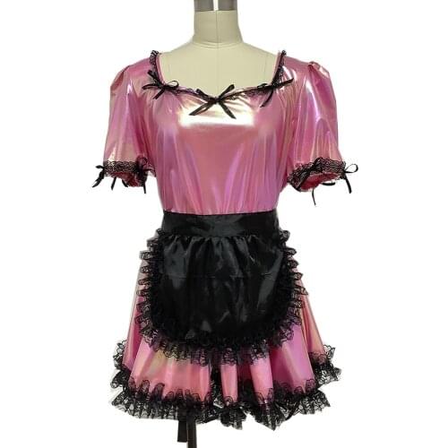 New Arrival Sissy Cute Bow Dress Short Puff Sleeve Sexy Laser Maid Dress Gothic Sweet Lolita Dress with Apron Plus Size S-7XL