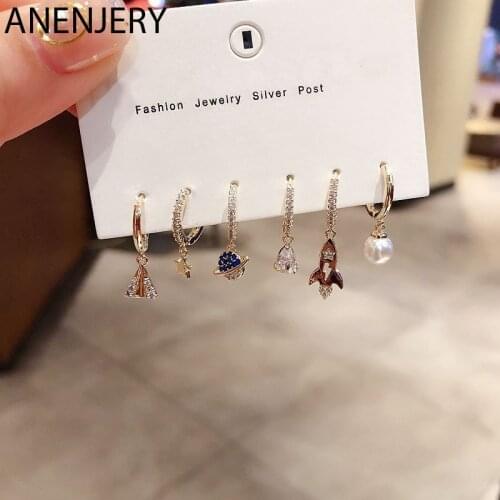 ANENJERY Silver Color 6-pcs Earrings Sets Micro Cubic Zircon Aircraft Universe Star Hoop Earring Sets For Women
