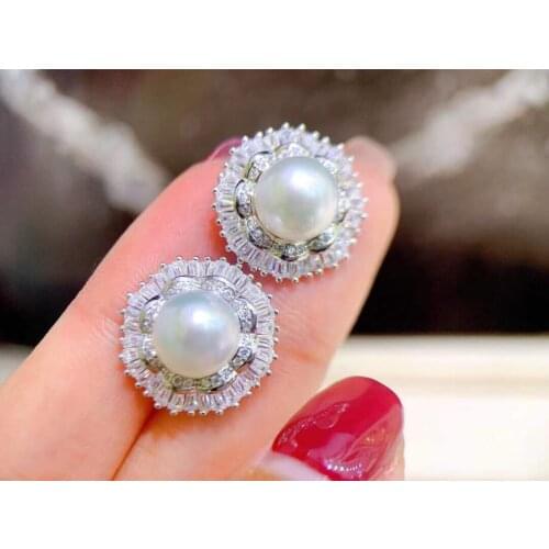 D407 Pearl Earrings Fine Jewelry 925 Sterling Silver Round 8-9mm Nature Fresh Water White Pearls Studs Earrings for Women