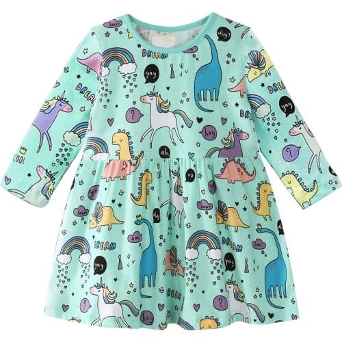 Baby Girls Cartoon Dinosaur Unicorn Cotton Dresses Toddler Kids Stripe Animal Embroidery Long Sleeve Dresses Autumn Infant Tops