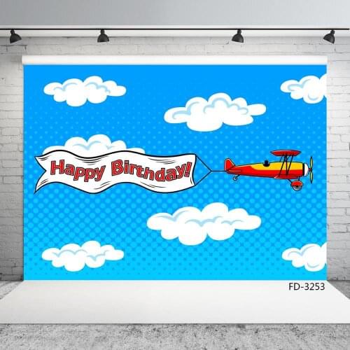 Photo Backdrop Cartoon Airplane White Cloud Vinyl Cloth Photography Props Background for Children Baby Birthday Party Photophone