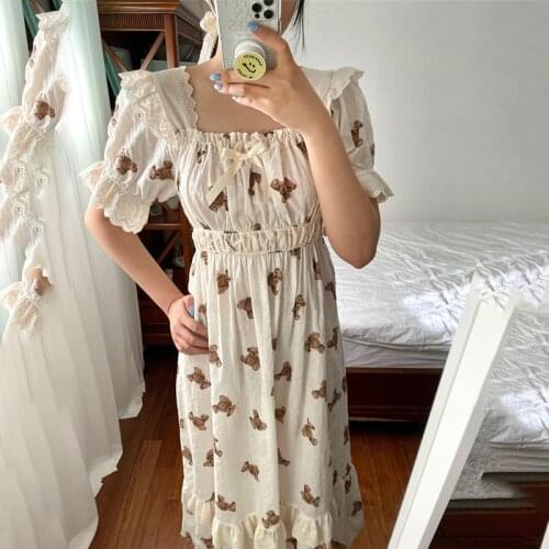 Kawaii Cartoon Print Summer Nightgown Women Korean Cute Bear Long Sleepwear Loose Homewear Lace Patchwork Ruffles