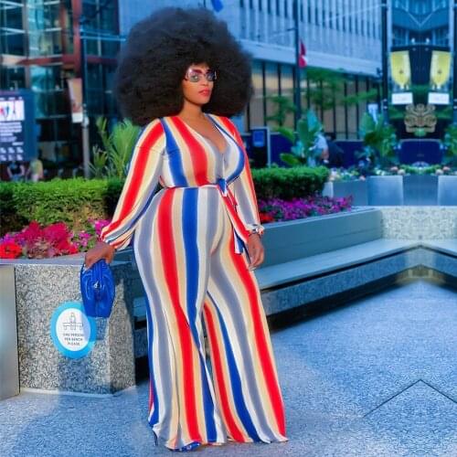 Sexy V-neck Striped Printed Elegant Jumpsuit Women Long Sleeve Wide Leg Rompers One Piece Long Sleeve Playsuit Plus Size 4XL