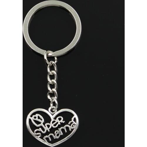 Fashion 30mm Key Ring Metal Key Chain Keychain Jewelry Antique Silver Color Plated Heart Super Mama 20x26mm Pendant