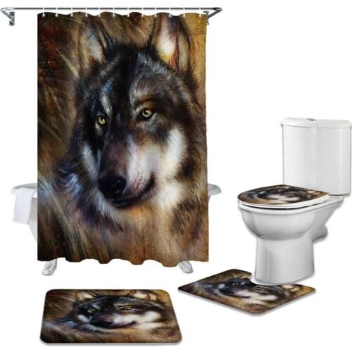 Wolf Animal Shower Curtain Set Carpet Cover Toilet Cover Bath Mat Home Decor Bathroom Curtain
