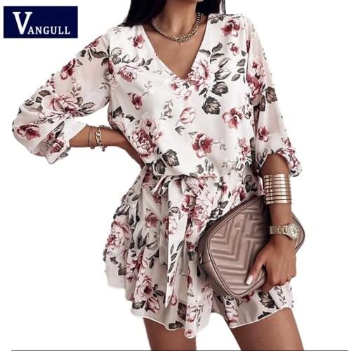 Vangull Floral Printing Chiffon Dress Women Summer New V Neck Long Sleeve Female Mini Dress Adjustable belt Plus Size Dresses