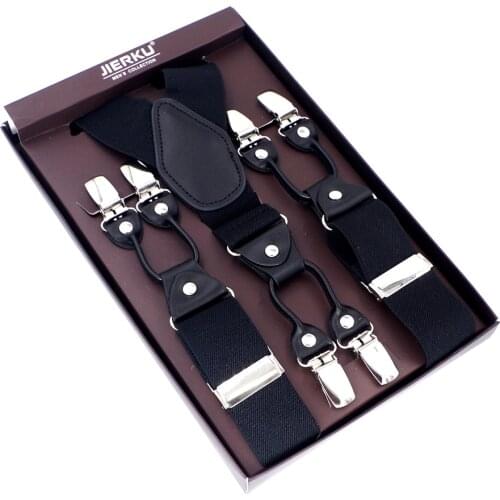 Fashion Suspenders Black leather 6 Clips Braces Male Vintage Casual Suspensorio Trousers Strap Father/Husbands Gift 3.5*120cm
