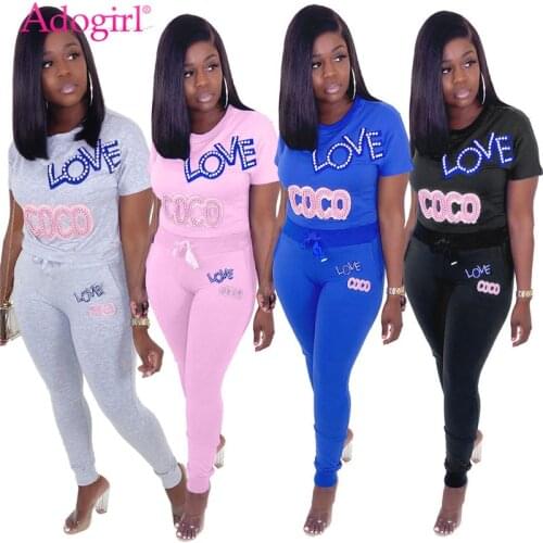 Adogirl Letter Pearls Casual Two Piece Set Women Tracksuit Short Sleeve T Shirt Top Sweatpants Fitness Sporting Suits Home Wear