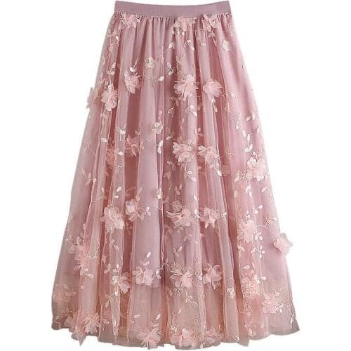 Luxury Woman Skirts 2021 Korean style Fashion Elastic Waist Appliques Embroidery Floral Mesh Skirt Long Gauze Ball Gown Pink