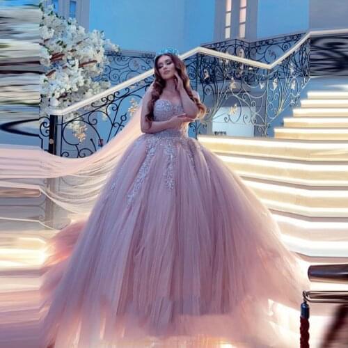 Pink Eleganr Exquisite Evening Dress Tulle Ruffle Ball Gown Strapless Applique Celebrity Dress Arabia Formal Prom Dress