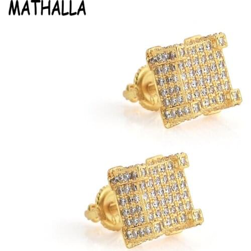 MATHALLA 6 Rows Square CZ Stud Earrings Gold High Quality Cold Micropavé Cubic Zircon Stud Earrings Hip Hop Fashion Jewelry