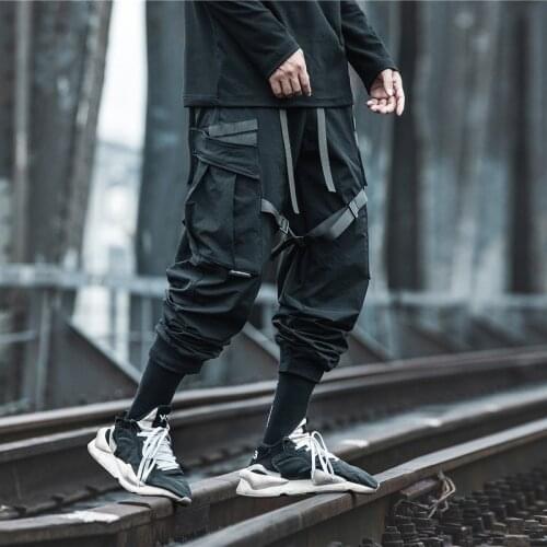 Techwear Streetwear Cargo Pants Men Hip Hop Black Loose Joggers Harem Trousers Oversized Sport Harajuku Punk Ribbons Sweatpants