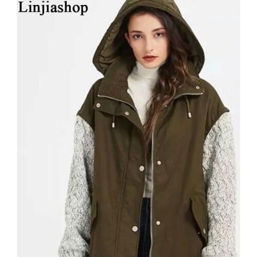 Za 2020 new women Loose Hooded Middle length jacket ladies Splicing sleeve casual stylish Hooded zipper Single breasted coat