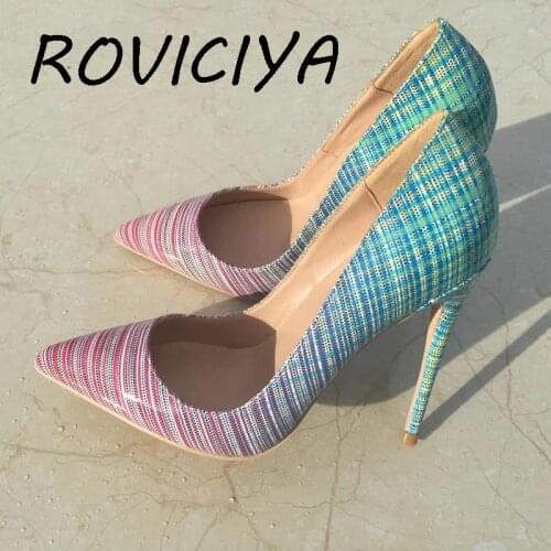 Ladies Shoes 12 cm Women Pumps Shallow Pointed Toe Party Dress Shoes Wedding Stripe Gradually Changing Color QP031 ROVICIYA
